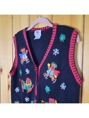 Nut Cracker Granny Christmas Bear Sweater Vest Black Red Women's Sz Medium